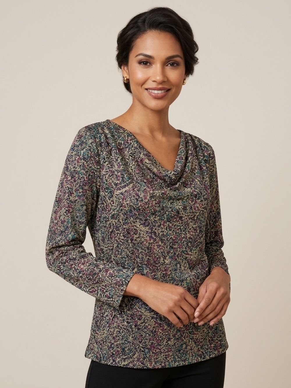 Women's Shimmer Multicolor Patterned Cowl Neck Top Three Quarter Sleeves Large